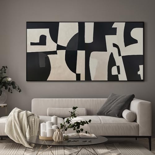 24"x46" Extra Large Framed Wall Art Black and White Abstract Geometric Design