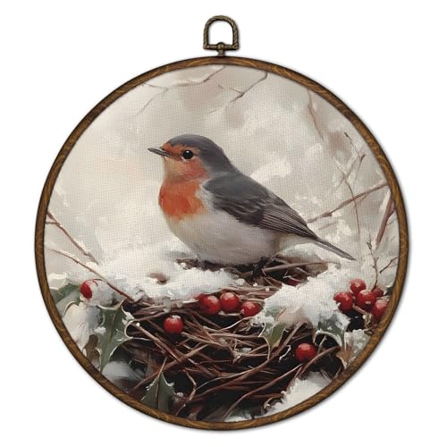 Vintage Winter Christmas Robin Bird Wall Art Decor Framed