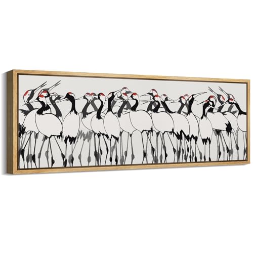 Large Framed Canvas Print Wall Art Minimalist Crane Flock Japanese Ink Style Bird Illustrations Decorative Colorful Multicolor for Bedroom