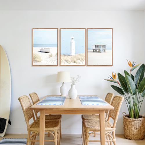 3 Pcs Blue Beach Coastal Framed Canvas Wall Art 16x24 Inch