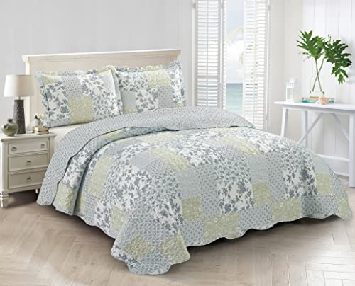 Multi Blue & Beige Floral Patchwork Quilt Set