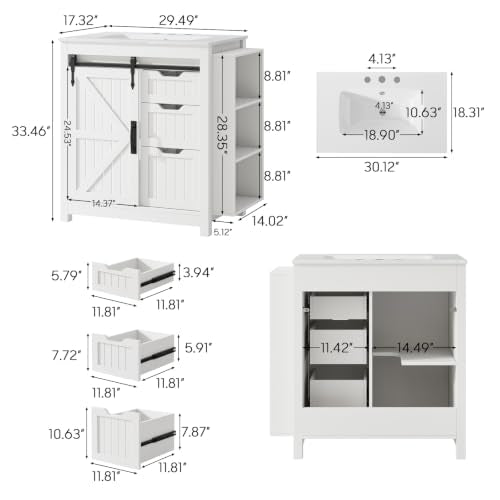 30" Farmhouse Bathroom Vanity with Ceramic Sink and 3 Drawers