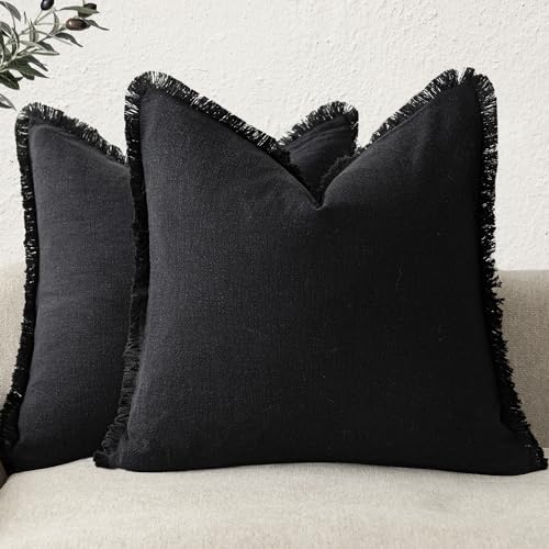 Decorative Linen Fringe Throw Pillow Covers 22×22 Inch (2 Count)