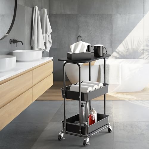 2 Tier Rolling Utility Cart Wood Top