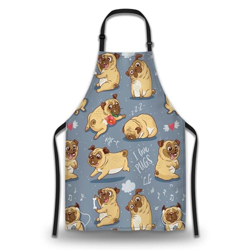 Paint Apron for Men Pug Puppies Dog Cartoon Bull Terrier Funny Aprons for Women for Kitchen Cooking Restaurant BBQ Painting Crafting Gardening 27”
