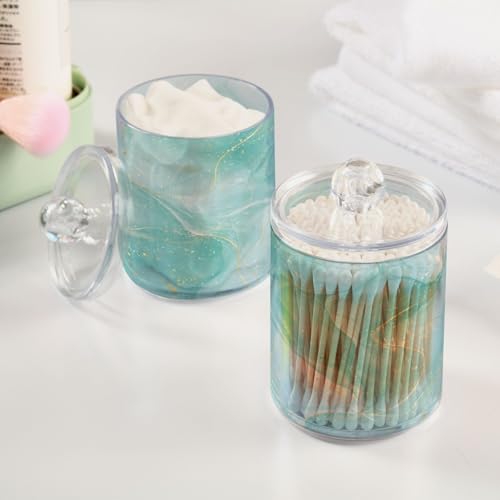 2 Pack Qtip Holder Dispenser Turquoise Marble Bathroom Storage Canister Lid 10 oz Acrylic Plastic Apothecary Jar Set Vanity Makeup Organizer for Cotton Swab (2 Count)
