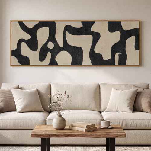 Large Framed Black Beige Abstract Wall Art for Living Room Horizontal 60x20