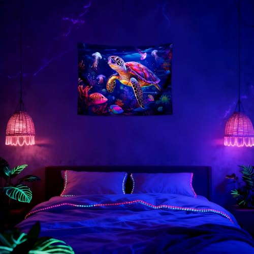 Blacklight Turtle Tapestry Glow in the Dark Ocean Wall Hanging Sea Turtle Poster for Kids Teen Room Bedroom Decor 31.5" L x 39.4" W