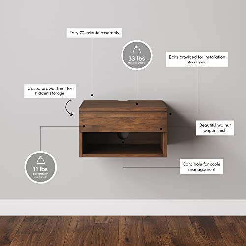 Jackson Wall Mounted Floating Bedroom Nightstand with Storage Drawer and Modern Open Shelf Cubby Set of 2