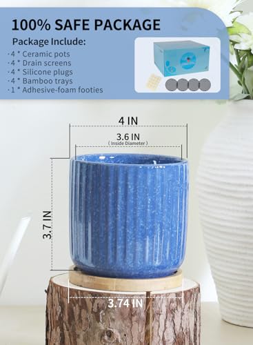 4 Inch Cylinder Ceramic Plant Pots with Trays (4 Count)
