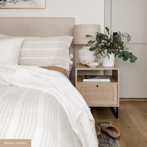 Mina Rattan Wood End Side Accent Table Nightstand with Storage for Living Room or Bedroom
