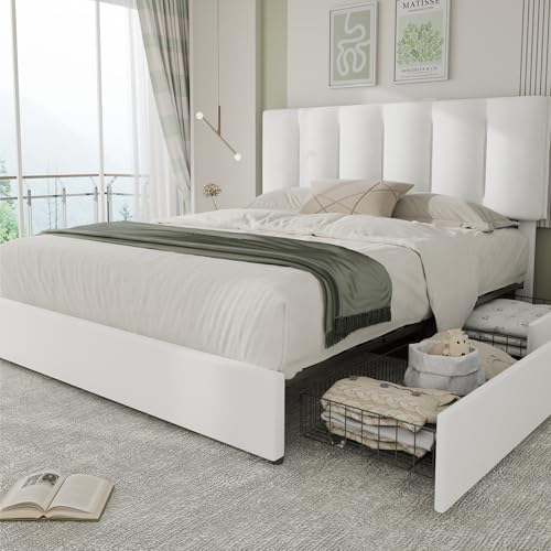 Queen Size Bed Frame with 4 Storage Drawers