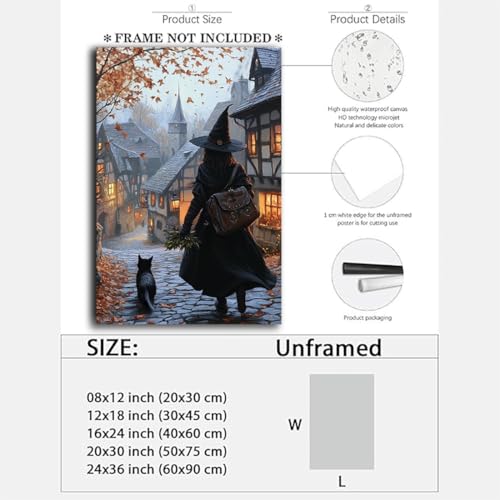 Autumn Witch And Black Cat Picture Wall Decor