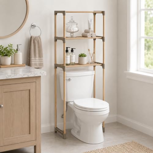 Over-the-Toilet Bathroom Storage Shelf, Wood, Natural, 3-Tier