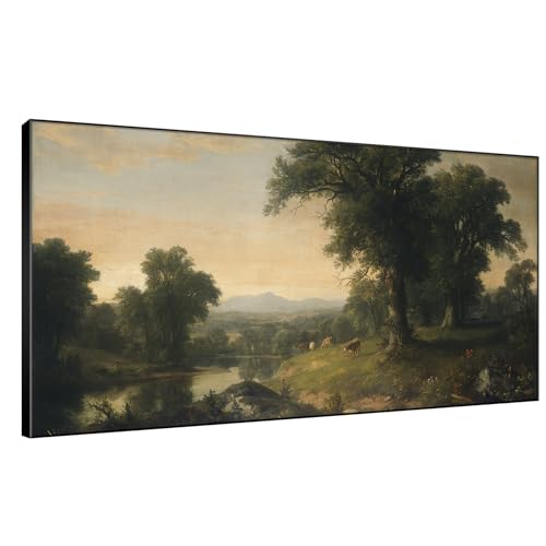 24"x46" Extra Large Framed Wall Art Classic River Valley Landscape Vintage Style Countryside with Trees and Cows Illustration for Home Living Room Bedroom Decor