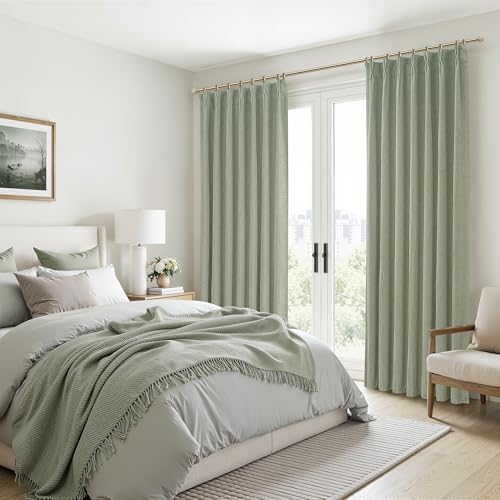 Sage Green Blackout Linen Curtains 84 Inches Long for Living Room Bedroom (2 Count)