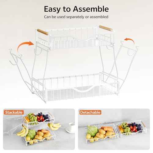 2 Tier Fruit Basket for Kitchen Countertop with 2 Banana Hangers
