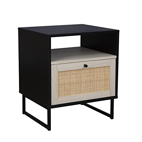 Mina Rattan Wood End Side Accent Table Nightstand with Storage for Living Room or Bedroom