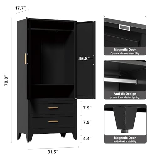 71'' Farmhouse Metal Wardrobe Cabinet with Hanging Rod