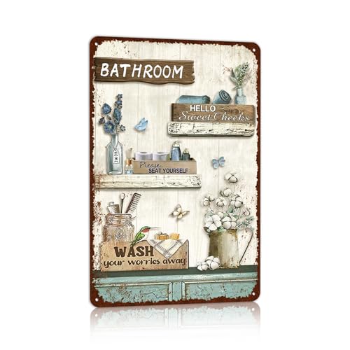 Farmhouse Bathroom Metal Tin Signs Rustic Flower Country Wall Art Decor