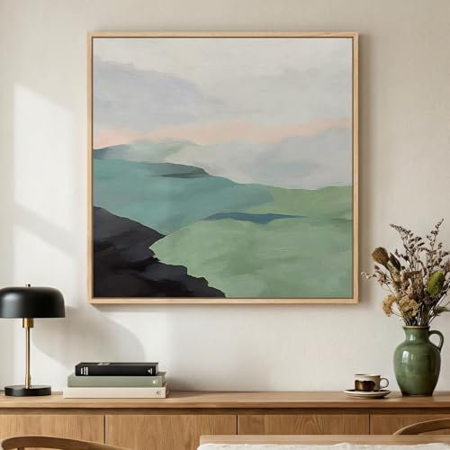 Framed Modern Neutral Green Landscape Abstract Canvas Wall Art