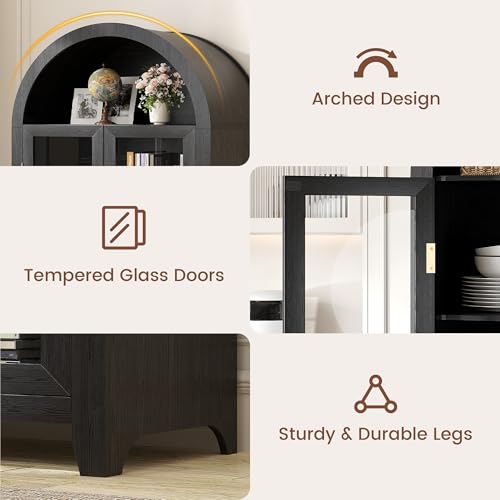 71" Arched Storage Cabinet with Glass Doors and LED Lights