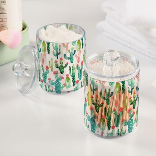 2 Pack Qtip Holder Organizer Dispenser Cactus on White Background Bathroom Storage Canister Cotton Ball Holder Container for Cotton Pads (2 Count)