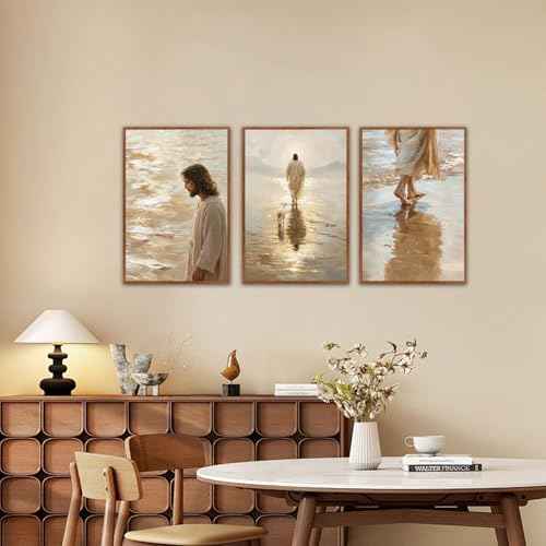 KAlRNE Jesus Walking on Water Religious Christian Wall art Set (3 Count)