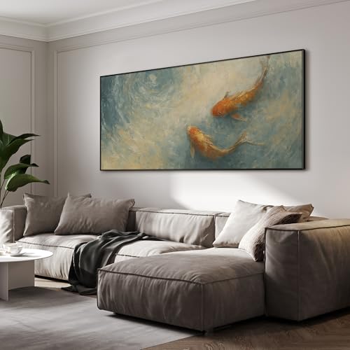 36"x72" Extra Large Framed Wall Art Koi Fish Swirl Tranquil Water Illustration for Home Living Room Bedroom Decor