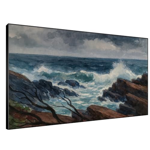 46"x72" Extra Large Framed Wall Art Rocky Seashore with Crashing Waves and Moody Sky for Home Living Room Bedroom Decor
