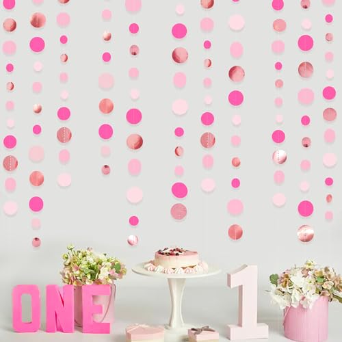 Hot Pink Rose Gold Party Decorations Circle Dots Garland Hanging Polka Dot Streamer for Girls Birthday Bachelorette Wedding Bridal Shower Anniversary Hen Party Supplies