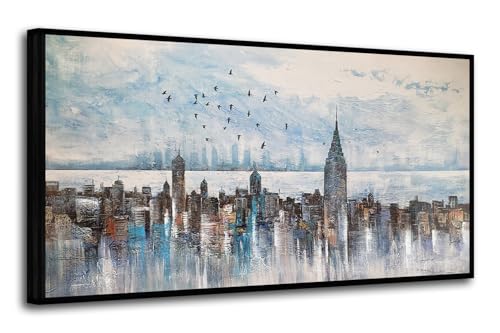 Cityscape Wall Art New York City Buildings Picture Modern Abstract Grey Skyline Birds NYC Painting Artwork for Bedroom Living Room Bathroom Home Office Decor