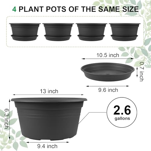 Large Flower Pots Set of 4 Pack 13 inch (4 Count)