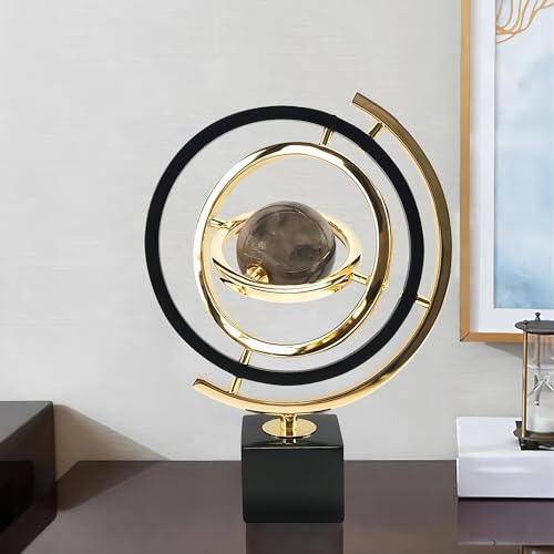 Modern Abstract Art Decoration Metal Globe Ornament Sculpture Decor with Rectangle Stand Black & Gold