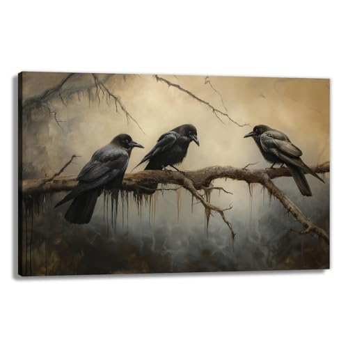 Halloween Decor Vintage Crow Wall Art Retro Art Poster Creepy Raven Picture Print Horrid Cemetery Painting Artwork Home Wall Decor
