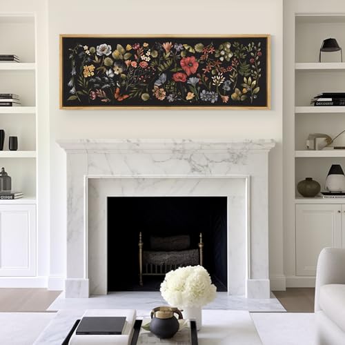 Large Framed Canvas Print Wall Art Midnight Garden Vintage Floral Illustrations Antique Retro Fine Art Illustrations Decorative Colorful for Bedroom