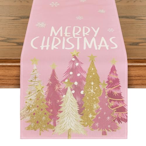 Pink Xmas Trees Table Runner Home Party Decor 13x48 Inch