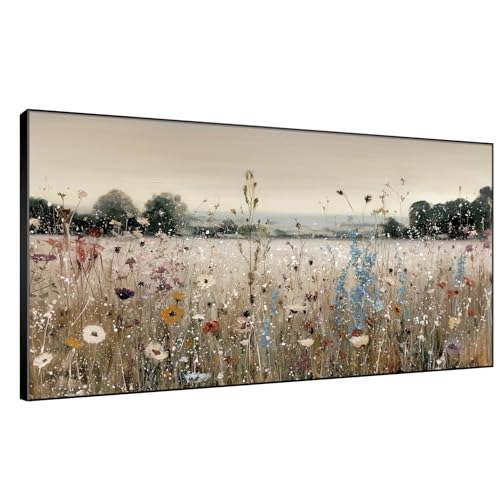 36"x72" Extra Large Framed Wall Art Wildflower Meadow Landscape Soft Pastel Field with Blooming Flowers and Trees Illustration for Home Living Room Bedroom