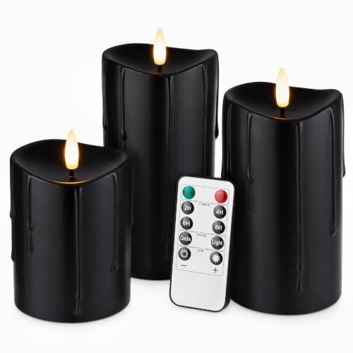 Black Real Wax Dripping Halloween Flameless Pillar Candles with Remote (3 Count)
