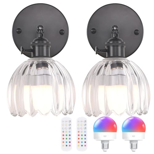 Vintage Battery Operated Wall Sconce with Transparent Tulip Glass Lampshade Rechargeable Battery Powered Black Wall Light with Remote Control for Bedside Bedroom Doorway