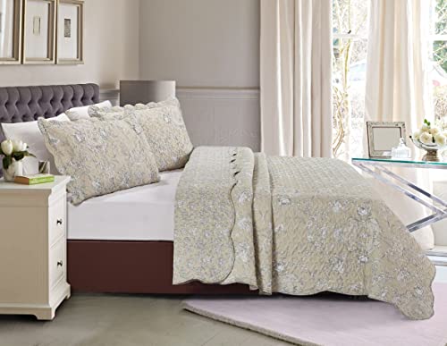 Classic Grey Floral Toile in Beige Hues Quilt Set