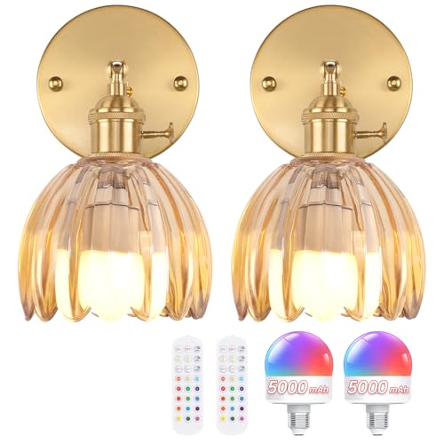 Vintage Battery Operated Wall Sconce with Amber Tulip Glass Lampshade 5000 mAh Rechargeable Battery Powered Wall Light with Remote Control for Bedside Bedroom Doorway (2 Count)