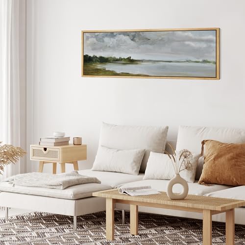 Large Framed Canvas Print Wall Art Tranquil Landscape Soft Brushstroke Lake Scene Illustrations Antique Retro Fine Art Illustrations Decorative Colorful for Bedroom