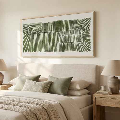 Large Framed Horizontal Green Abstract Botanical Canvas Wall Art