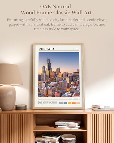 Natural OAK Wood Chicago Cityscape Framed Wall Art