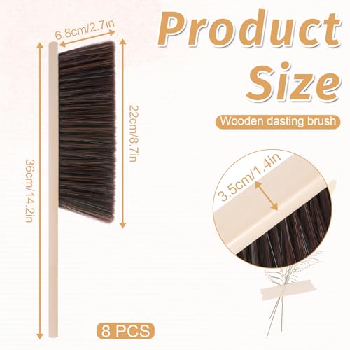 8 Pieces Hand Broom Brush Woooden Dust Brush Bulk Bench Brushes with Long Wood Handle Soft Bristle Whisk Broom Hand Held for Counter Bed Sofa Bench Car Fireplace Clothes Household Cleaning (8 Count)