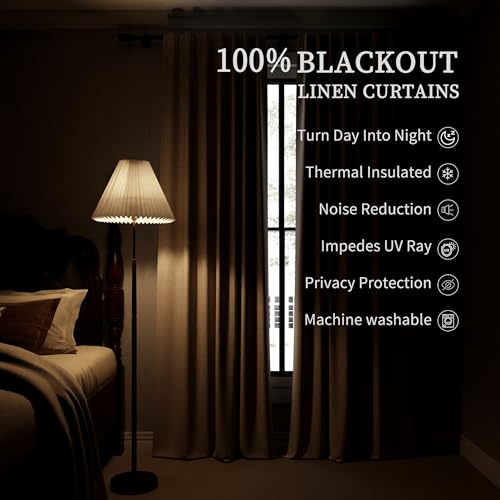 100% Blackout Linen Curtains for Bedroom 108 inches Long