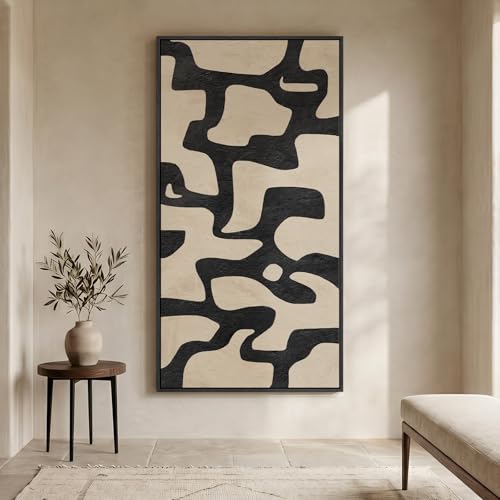 Large Framed Black and Beige Neutral Abstract Wall Art