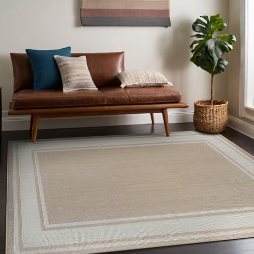 Large Outdoor Rug 10x14 Modern Bordered Area Rugs for Indoor and Outdoor Patio Deck Porch Garden Waterproof Weather Sun Resistant Washable Outside Carpet (140 Sq Ft)