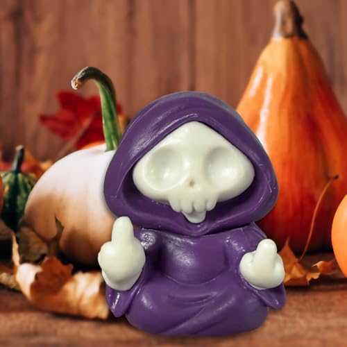 Halloween Skull Figurine Middle Finger Design Halloween Ghost Statue Cool Cute Holiday Tabletop Figurines Ornament Funny Resin Skeleton Statue Indoor Table Shelf Tabletop Home Office Decor